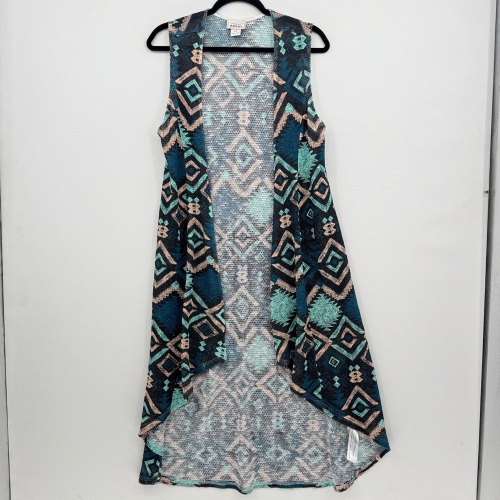Ariat Open Front Vest Womens Small Teal Geometric Southwestern Boho Cowgirl